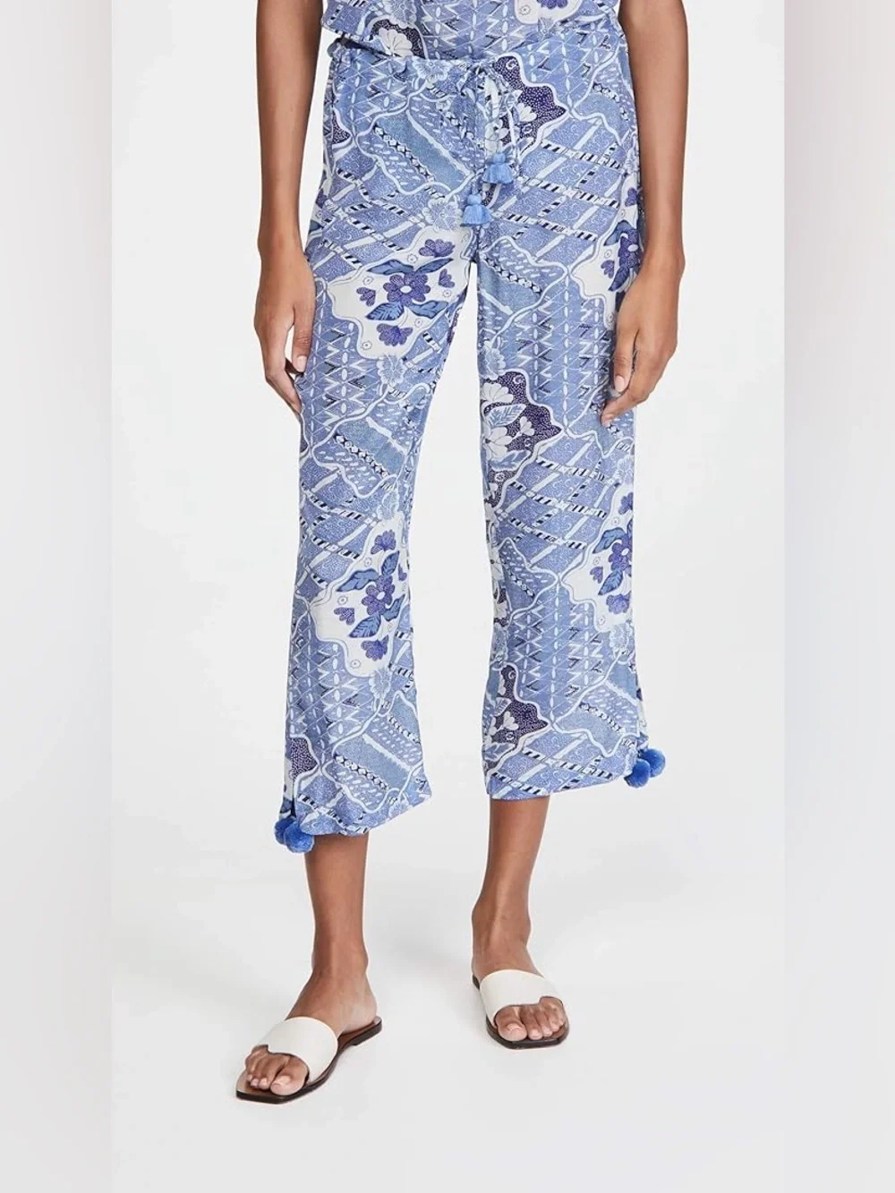Figue Goa Drawstring Blue Wide Leg Pants Size L Cropped High Rise Pompoms Trim